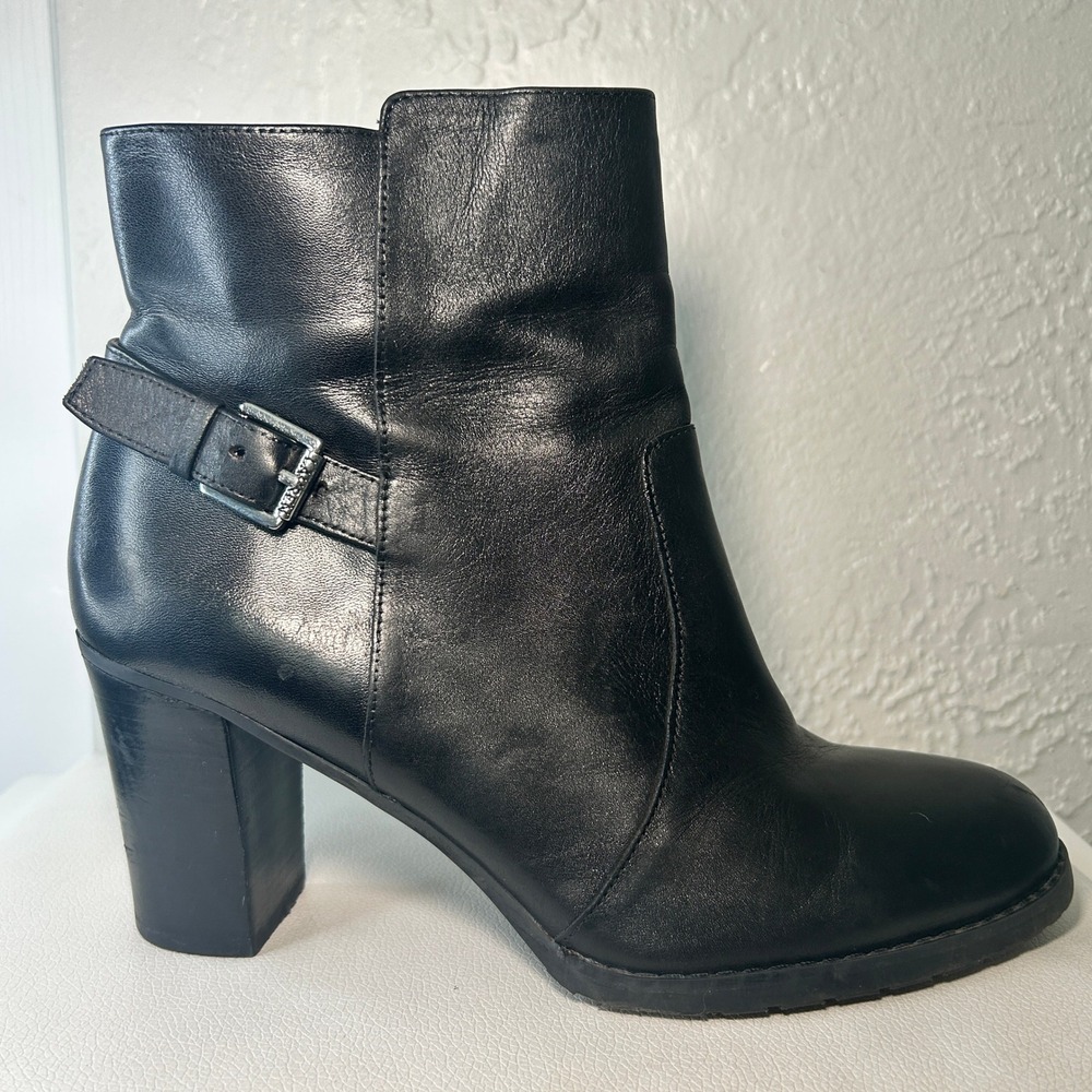 Lauren‎ Ralph Lauren Cabrey 7.5B Black Leather Ankle Boots Block Heel Zip Buckle